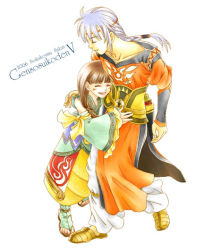 Rule 34 | 1boy, 1girl, ^ ^, ^o^, bare shoulders, blush, braid, brown hair, closed eyes, copyright name, detached sleeves, freyjadour falenas, gensou suikoden, gensou suikoden v, height difference, long hair, long sleeves, lymsleia falenas, nyoro (artist), parted lips, sandals, sash, short hair, silver hair, simple background, single braid, tabard, teeth, white background