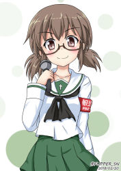 Rule 34 | 10s, 1girl, arm behind back, armband, black-framed eyewear, black neckerchief, blouse, brown eyes, brown hair, closed mouth, collarbone, dated, english text, flipper, girls und panzer, glasses, green background, green skirt, holding, holding microphone, long sleeves, looking at viewer, microphone, miniskirt, neckerchief, one-hour drawing challenge, ooarai school uniform, ou taiga, pleated skirt, polka dot, polka dot background, school uniform, semi-rimless eyewear, serafuku, shirt, short hair, short twintails, skirt, smile, solo, standing, twintails, twitter username, under-rim eyewear, upper body, white shirt