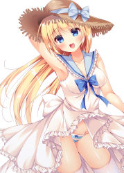 Rule 34 | 1girl, :d, arm up, armpits, bare shoulders, blonde hair, blue bow, blue eyes, blue sailor collar, bow, bow panties, breasts, collarbone, commentary request, dress, frilled dress, frills, fujikura ryuune, grey bow, groin, hair between eyes, hat, hat bow, long hair, looking at viewer, medium breasts, open mouth, original, panties, sailor collar, sailor dress, simple background, sleeveless, sleeveless dress, smile, solo, straw hat, striped clothes, striped panties, teeth, thighhighs, underwear, upper teeth only, very long hair, white background, white bow, white dress, white thighhighs