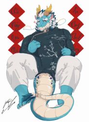 Rule 34 | 1boy, 815147h, alternate costume, aqua skin, bara, beard, between legs, bulge, chinese clothes, chinese zodiac, dragon boy, dragon horns, dragon tail, facial hair, fat, fat man, full beard, furry, furry male, horns, huge eyebrows, long mustache, looking at viewer, male focus, mature male, multicolored hair, pants, qinglong (housamo), sitting, solo, tail, tail between legs, thick beard, thick tail, tokyo houkago summoners, two-tone beard, two-tone hair, white pants, year of the dragon
