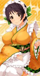 Rule 34 | 10s, 1girl, absurdres, alternate costume, apron, boris (noborhys), breasts, brown eyes, brown hair, enmaided, highres, idolmaster, idolmaster cinderella girls, impossible clothes, japanese clothes, kimono, large breasts, looking at viewer, maid, maid apron, maid headdress, oikawa shizuku, sitting, smile, solo, thighhighs, wa maid, white thighhighs