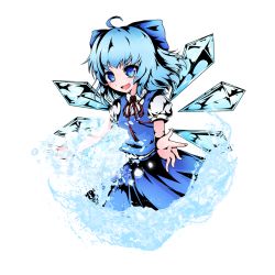 Rule 34 | 1girl, ahoge, blue bow, blue eyes, blue hair, blue skirt, blue vest, blush stickers, bow, cirno, collared shirt, cowboy shot, hair bow, ice, medium hair, neck ribbon, open mouth, outstretched arms, puffy short sleeves, puffy sleeves, red ribbon, ribbon, shen li, shirt, short sleeves, simple background, skirt, skirt set, solo, touhou, transparent background, vest, white background, white shirt, wings
