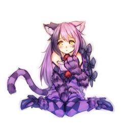 Rule 34 | 1girl, animal ear fluff, animal ears, animal hands, argyle, argyle clothes, argyle legwear, blush, bow, cat, cat ears, cheshire cat (alice in wonderland), cheshire cat (monster girl encyclopedia), hair bow, long hair, monorus, monster girl, monster girl encyclopedia, monster girl encyclopedia ii, multicolored hair, out of character, purple hair, purple legwear, sitting, solo, tail, two-tone hair, wariza, yellow eyes