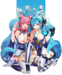Rule 34 | 2girls, absurdres, ahoge, ahri (league of legends), black bow, black gloves, blue background, bow, breasts, censored, commentary request, dress, drill hair, flower, gloves, green ribbon, gwen (league of legends), hair ornament, hands up, hetero, highres, imminent fellatio, inverted nipples, knee up, lan xiezi, large breasts, league of legends, long hair, medium breasts, mosaic censoring, multiple girls, nail polish, neck ribbon, no shoes, ok sign, penis, pink hair, pink nails, pussy, ribbon, single thighhigh, spirit blossom ahri, string, striped clothes, striped legwear, striped thighhighs, teeth, thighhighs, tongue, tongue out, twin drills, two-tone bow, vertical-striped clothes, vertical-striped thighhighs, white background, white dress, x hair ornament