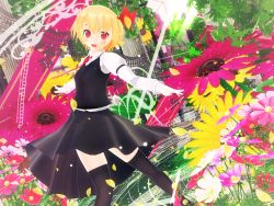 Rule 34 | 1girl, 3d, black thighhighs, blonde hair, blush, bow, colorful, column, commentary, dutch angle, fang, flower, hair bow, happy, highres, kurogoma (meganegurasan), light particles, looking at viewer, magic circle, mikumikudance (medium), necktie, open mouth, outstretched arms, petals, pillar, red eyes, rumia, short hair, skirt, skirt set, smile, solo, sunlight, thighhighs, touhou, zettai ryouiki