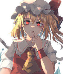Rule 34 | 1girl, :3, absurdres, aru16, ascot, blonde hair, blood, blood from mouth, closed mouth, collared shirt, commentary, finger to mouth, fingernails, flandre scarlet, frilled shirt collar, frills, hair between eyes, hat, hat ribbon, highres, looking at viewer, medium hair, mob cap, puffy short sleeves, puffy sleeves, red eyes, red ribbon, red vest, ribbon, sharp fingernails, shirt, short sleeves, side ponytail, simple background, solo, symbol-only commentary, teeth, touhou, upper teeth only, vest, white background, white hat, white shirt, yellow ascot