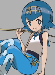 Rule 34 | 1girl, bare arms, blue eyes, blue hair, blue pants, closed mouth, commentary request, creatures (company), fishing rod, game freak, grey background, hairband, hand up, highres, holding, holding fishing rod, lana (pokemon), looking at viewer, nintendo, no sclera, one-piece swimsuit, pants, pokemon, pokemon sm, sawa (soranosawa), shirt, short hair, sleeveless, smile, solo, swimsuit, swimsuit under clothes