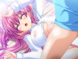 Rule 34 | 1boy, 1girl, akaza, blush, breasts, censored, closed eyes, covered erect nipples, cum, cum on clothes, hair ornament, hetero, large breasts, lying, on back, pai touch!, paizuri, paizuri under clothes, penis, penis under another&#039;s clothes, pink hair, sleeping, straddling, straddling paizuri