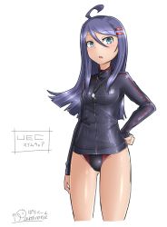 Rule 34 | 1girl, ahoge, artist name, bad id, bad pixiv id, blue eyes, blue hair, competition swimsuit, hair ornament, hairclip, hand on own hip, highres, jacket, long hair, looking at viewer, one-piece swimsuit, original, paravene, signature, solo, swimsuit, track jacket, whistle