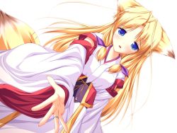 Rule 34 | 1girl, ahoge, animal ears, artist request, blonde hair, blue eyes, fox ears, highres, inakoi, japanese clothes, long hair, miko, simple background, solo, tagme, tail, tears