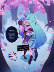 Rule 34 | 2girls, ahoge, aleriy, blush, closed eyes, coat, commission, english text, facing another, forest, fur coat, gradient hair, green hair, highres, horns, hug, kindred (league of legends), lamb (league of legends), league of legends, long hair, mask, unworn mask, multicolored hair, multiple girls, nature, outdoors, petals, purple hair, single horn, smile, soraka (league of legends), speech bubble, spirit blossom kindred, spirit blossom soraka, standing, tree