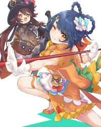 Rule 34 | 2girls, blue hair, bowl, braid, brown hair, fish, fish (food), genshin impact, gloves, hat, highres, holding, holding polearm, holding weapon, hu tao (genshin impact), looking at viewer, multiple girls, one eye closed, open mouth, polearm, red eyes, simple background, smile, top hat, twin braids, weapon, white background, white gloves, xiangling (genshin impact), yellow eyes, yoco n