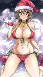 Rule 34 | 1girl, alternate costume, bell, bikini, blush, boots, breasts, brown eyes, brown hair, choker, christmas, cleavage, closed mouth, commentary request, female focus, front-tie bikini top, front-tie top, frown, fur-trimmed boots, fur-trimmed gloves, fur trim, girls und panzer, gloves, hat, highres, large breasts, looking at viewer, matching hair/eyes, nakahira guy, navel, neck bell, night, night sky, nishizumi maho, outdoors, oversized object, red bikini, red choker, red footwear, red gloves, red hat, sack, santa costume, santa hat, short hair, side-tie bikini bottom, sitting, skindentation, sky, snow, solo, swimsuit, wariza