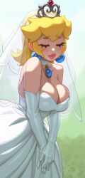 Rule 34 | 1girl, absurdres, alternate breast size, alternate eyebrows, blonde hair, blush, breasts, closed eyes, crown, dress, earrings, elbow gloves, gloves, highres, jewelry, large breasts, long hair, mario (series), nintendo, official alternate costume, official alternate hairstyle, ponytail, princess peach, princess peach (wedding), riz, smile, solo, sphere earrings, super mario odyssey, thick eyebrows, wedding dress, white gloves