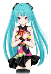 Rule 34 | 1girl, ao (korindou), aqua hair, crossed arms, gift, hatsune miku, long hair, necktie, purple eyes, simple background, skirt, solo, tell your world (vocaloid), thighhighs, twintails, very long hair, vocaloid, white background