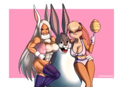 Rule 34 | 1boy, 2girls, absurdres, alternate breast size, animal ears, big chungus, blue eyes, body fur, boku no hero academia, breasts, bugs bunny, cleavage, crossover, curvy, easter egg, egg, fat, fat man, furry, gloves, grabbing, highres, hug, large breasts, lola bunny, long hair, looking at viewer, looney tunes, mash (artist), meme, mirko, multiple girls, muscular, muscular female, navel, open mouth, rabbit ears, rabbit girl, simple background, space jam, underboob, what, white gloves