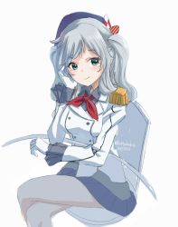 Rule 34 | 1girl, bare legs, blush, chair, commentary request, crossed legs, dated, epaulettes, glass table, gloves, green eyes, hat, kangoku kou, kantai collection, kashima (kancolle), looking to the side, one-hour drawing challenge, red ribbon, ribbon, silver hair, sitting, skirt, smile, solo, table, twitter username, uniform, white background