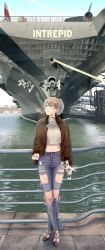 Rule 34 | 1girl, absurdres, aircraft carrier, black footwear, blue eyes, blush, breasts, brown hair, brown jacket, casual, closed mouth, crop top, crossed legs, cup, denim, earrings, fur-trimmed jacket, fur trim, hair between eyes, highres, historical name connection, holding, holding cup, intrepid (kancolle), jacket, jeans, jewelry, kantai collection, large breasts, looking away, looking up, midriff, military, military vehicle, mochimoumai, nail polish, name connection, navel, new york city, object namesake, open clothes, open jacket, pants, pier, ponytail, railing, red nails, river, ship, shirt, short hair, smile, solo, star (symbol), star earrings, tareme, torn clothes, torn jeans, torn pants, turtleneck, uss intrepid (cv-11), warship, watercraft, watson cross, wristband