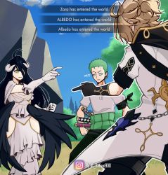 Rule 34 | 1girl, 2boys, absurdres, ahoge, al sensei908, albedo (genshin impact), albedo (overlord), belt, black feathers, black gloves, black hair, black wings, brown hair, chain, commentary, crossover, dress, earrings, elbow gloves, english commentary, english text, feathers, gameplay mechanics, genshin impact, gloves, green hair, hair between eyes, highres, horns, jewelry, katana, long hair, low wings, marvel, meme, multiple boys, multiple crossover, name connection, one piece, overlord (maruyama), pointing, pointing at another, pointing spider-man (meme), roronoa zoro, short sleeves, sidelocks, spider-man (series), sword, weapon, white dress, white gloves, wings, yellow eyes