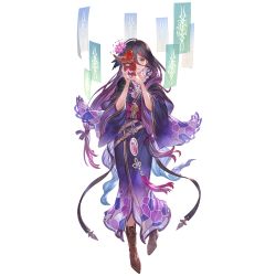 Rule 34 | 1girl, belt, boots, eyebrows, flower, granblue fantasy, hair between eyes, hair flower, hair ornament, hair ribbon, half mask, hands up, holding, holding mask, japanese clothes, kimono, long hair, looking at viewer, mask, official art, purple hair, ribbon, rosamia (granblue fantasy), smile, solo, standing, transparent background, yellow eyes, yukata