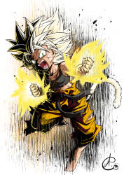 Rule 34 | 1girl, battle damage, benoit picard, black tank top, breasts, bruise, bruise on face, collarbone, dragon ball, energy, green eyes, highres, injury, monkey tail, orange pants, pan (dragon ball), pants, small breasts, solo, spiked hair, staff, super saiyan, super saiyan 1, sweat, tail, tank top, torn clothes, weapon, weapon on back