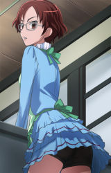 Rule 34 | 10s, 1girl, apron, blue shirt, brown eyes, brown hair, ceiling, classmate with glasses (suite precure), classroom, desk, from behind, from below, glasses, haruyama kazunori, looking back, precure, school, school uniform, shirt, shorts, shorts under skirt, solo, suite precure