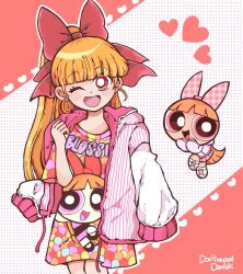 Rule 34 | 2girls, akazutsumi momoko, artist name, blossom (ppg), blunt bangs, bow, commentary, danishi, dual persona, hair bow, heart, highres, hood, hooded jacket, jacket, long hair, long shirt, multiple girls, one eye closed, open mouth, orange hair, pink eyes, pink jacket, pink skirt, plaid, plaid bow, pleated skirt, ponytail, powerpuff girls, powerpuff girls z, print shirt, red eyes, shirt, shoes, signature, skirt, smile, sneakers, striped clothes, striped jacket, t-shirt