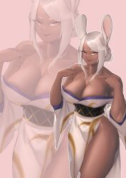 Rule 34 | 1girl, animal ears, bare shoulders, boku no hero academia, breasts, cleavage, collarbone, commentary, crescent print, dark-skinned female, dark skin, english commentary, hair bun, hands on own chest, highres, japanese clothes, kimono, large breasts, long hair, looking at viewer, mirko, off shoulder, parted bangs, print kimono, rabbit ears, rabbit girl, red eyes, single hair bun, smile, solo, thighs, toned, white hair, white kimono, wide sleeves, zoom layer, zukululuu
