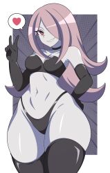 Rule 34 | 1girl, absurdres, abysswatchers, bikini, black bikini, black gloves, black thighhighs, breasts, elbow gloves, gloves, hair over one eye, hand on own hip, heart, highres, little witch academia, long hair, medium breasts, pink hair, red eyes, smile, solo, speech bubble, spoken heart, sucy manbavaran, swimsuit, thighhighs, v, wide hips