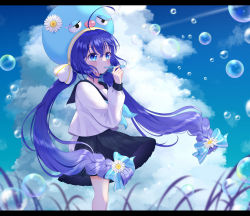 Rule 34 | 1girl, ahoge, blue eyes, blue hair, blush, bow, bubble, blowing bubbles, bubble pipe, eel hat, field, flower, hair bow, hair flower, hair ornament, hat, hat ribbon, highres, holding, letterboxed, long hair, low-braided long hair, low-tied long hair, low twintails, neckerchief, otomachi una, outdoors, pleated skirt, ribbon, rooibos, school uniform, serafuku, skirt, sky, solo, twintails, very long hair, vocaloid, wind