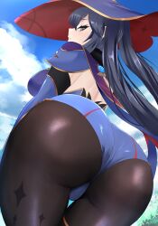 Rule 34 | 1girl, absurdres, ass, ass focus, back, black hair, blue leotard, blue sky, brown pantyhose, bush, capelet, close-up, cloud, commentary request, elbow gloves, from behind, from below, genshin impact, gloves, gold trim, hat, highres, leotard, long hair, looking at viewer, looking back, mona (genshin impact), outdoors, pantyhose, sana!rpg, shoulder blades, sky, solo, sparkle print, standing, star (sky), starry sky, thighlet, twintails, witch hat
