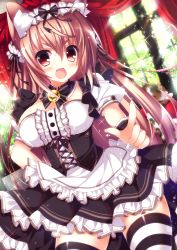 Rule 34 | 1girl, animal ears, apron, bell, black pantyhose, black thighhighs, breasts, brown hair, cat ears, cat girl, collar, corset, curtains, fang, female focus, highres, large breasts, maid, maid apron, moe2015, neck bell, ooji cha, open mouth, original, pantyhose, puffy short sleeves, puffy sleeves, red eyes, shirt, short sleeves, skirt, smile, solo, striped clothes, striped pantyhose, striped thighhighs, thighband pantyhose, thighhighs, waist apron, white pantyhose, white thighhighs, window, zettai ryouiki