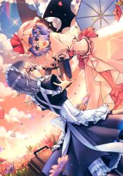Rule 34 | 2girls, :o, apron, bat wings, blue dress, blue eyes, blue flower, blue hair, blue sky, blue umbrella, bow, breasts, briefcase, capelet, cloude, commentary request, dress, dutch angle, eye contact, feet out of frame, field, flower, flower field, frilled apron, frills, gradient sky, hair between eyes, happy tears, hat, hat ribbon, highres, izayoi sakuya, juliet sleeves, kirero, lens flare, long sleeves, looking at another, maid, maid apron, maid headdress, medium breasts, mob cap, multiple girls, nail polish, open mouth, orange sky, outdoors, outstretched arms, petals, petticoat, pink capelet, pink dress, pink flower, pink hat, pointy ears, puffy sleeves, red eyes, red nails, red ribbon, remilia scarlet, ribbon, short hair, silver hair, sky, smile, standing, tears, touhou, umbrella, waist apron, white apron, white bow, wings