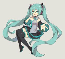 Rule 34 | 1girl, :d, ame8desu, bare shoulders, black skirt, black thighhighs, blue eyes, blue hair, blue necktie, breasts, collared shirt, detached sleeves, floating hair, full body, grey background, grey shirt, hair between eyes, hand on own chest, happy, hatsune miku, headset, knees together feet apart, long hair, looking at viewer, necktie, open mouth, outstretched hand, palms, pleated skirt, round teeth, shaded face, shiny clothes, shiny legwear, shirt, sidelocks, simple background, skirt, sleeveless, sleeveless shirt, small breasts, smile, solo, teeth, thighhighs, tongue, twintails, upper teeth only, v-shaped eyebrows, very long hair, vocaloid, zettai ryouiki