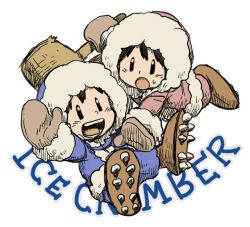 Rule 34 | 1boy, 1girl, boots, brown hair, cleats, copyright name, facial mark, falling, gloves, hammer, ice climber, ice climbers, nana (ice climber), open mouth, oto, parka, popo (ice climber), simple background, smile, solid oval eyes, sweatdrop, whisker markings, white background