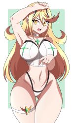 Rule 34 | 1girl, absurdres, abysswatchers, adapted costume, blonde hair, breasts, chest jewel, gem, headpiece, highres, large breasts, long hair, mythra (radiant beach) (xenoblade), mythra (xenoblade), navel, solo, swept bangs, tiara, very long hair, xenoblade chronicles (series), xenoblade chronicles 2, yellow eyes