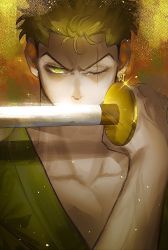 Rule 34 | 1boy, alternate eye color, earrings, glowing, glowing eye, green eyes, green hair, green kimono, highres, holding, holding sword, holding weapon, imashime (pico 0 3), japanese clothes, jewelry, kimono, male focus, one piece, pectoral cleavage, pectorals, roronoa zoro, scar, scar across eye, scar on face, short hair, sideburns, single earring, solo, sword, toned, toned male, upper body, weapon