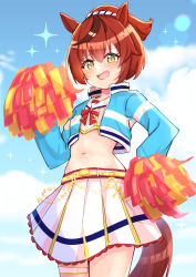 Rule 34 | 1girl, absurdres, animal ears, ao (flowerclasse), blue jacket, blue sky, blush, brown hair, cloud, cloudy sky, commentary request, crop top, cropped jacket, day, hair between eyes, highres, holding, horse ears, horse girl, horse tail, jacket, looking at viewer, midriff, multicolored hair, navel, nice nature (run&amp;win) (umamusume), nice nature (umamusume), open clothes, open jacket, open mouth, outdoors, pleated skirt, pom pom (cheerleading), ponytail, sailor collar, shirt, skirt, sky, solo, sparkle, streaked hair, sweat, tail, umamusume, white sailor collar, white shirt, white skirt, yellow eyes