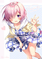 Rule 34 | 1girl, :d, bag, blue dress, blush, breasts, casual, character doll, collarbone, dress, english text, fate/grand order, fate (series), fou (fate), hair over one eye, hand up, heart, hood, hoodie, large breasts, leaning forward, looking at viewer, mash kyrielight, mash kyrielight (senpai killer outfit), official alternate costume, open clothes, open hoodie, open mouth, pawoo username, pink hair, plaid, plaid dress, purple eyes, riichu, satchel, short hair, smile, solo, speech bubble, white dress