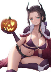 Rule 34 | 1girl, beast pirates, beast pirates uniform, belt, black belt, black hair, blue eyes, bow, bra, breasts, cape, commentary, demon horns, food, fur trim, glint, gloves, hair bow, halloween, hand up, hayate (leaf98k), highres, holding, holding food, holding pumpkin, holding vegetable, horns, jack-o&#039;-lantern, lace, lace-trimmed bra, lace trim, large breasts, long hair, looking at viewer, navel, nico robin, o-ring, official alternate costume, on one knee, one piece, panties, parted lips, pumpkin, purple bow, purple bra, purple cape, purple gloves, purple panties, purple thighhighs, sidelocks, simple background, sitting, solo, stomach, thighhighs, thighs, thong, two-sided cape, two-sided fabric, underwear, vegetable, white background, wide hips