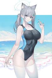 Rule 34 | 1girl, absurdres, animal ear fluff, animal ears, bare arms, bare shoulders, black one-piece swimsuit, blue archive, blue eyes, blue nails, blue sky, blush, breasts, cat ears, closed mouth, cloud, collarbone, competition swimsuit, day, echj, grey hair, groin, hair between eyes, hair ornament, halo, highleg, highleg swimsuit, highres, horizon, medium breasts, nail polish, ocean, one-piece swimsuit, ponytail, shiroko (blue archive), shiroko (swimsuit) (blue archive), sky, solo, swimsuit, water
