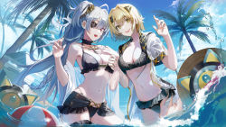 Rule 34 | 2girls, alchemy stars, ball, beachball, bikini, black bikini, blonde hair, breasts, buri (retty9349), cleavage, cross, eicy (alchemy stars), eyepatch, hair between eyes, hand on own chest, highres, holding another&#039;s arm, long hair, medium breasts, multiple girls, navel, official alternate costume, open mouth, palm tree, short hair, side ponytail, sky, smile, swimsuit, tree, vice (alchemy stars), water, wet, white hair, yellow eyes