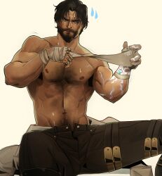 1boy arcane:_league_of_legends arcane_jayce arcane_survivor_jayce bandaged_hand bandages bara brown_pants chris_sdd facial_hair highres jayce_(league_of_legends) league_of_legends mature_male medium_hair messy_hair muscular muscular_male navel pants simple_background solo sparse_chest_hair thick_eyebrows topless topless_male white_background