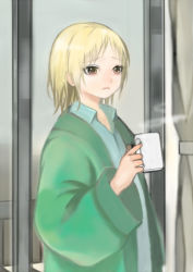 Rule 34 | 10s, 1girl, bad id, bad pixiv id, baggy clothes, blonde hair, blue shirt, blush, brown eyes, closed mouth, comfy, cup, curtains, hidaka koharu, high score girl, holding, holding cup, hot chocolate, indoors, jacket, long sleeves, meu (esekai), pajamas, shirt, solo, steam, wide sleeves, worried