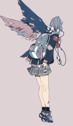 Rule 34 | 1girl, backpack, bag, bandaid, beige background, black socks, blue hair, bow, bowtie, commentary request, daisukerichard, facing away, flat color, from behind, grey background, hair ribbon, highres, jacket, long sleeves, miniskirt, multicolored wings, original, phone, ribbon, scarf, short ponytail, simple background, skirt, snickers (brand), socks, solo, standing, tiptoes, wings
