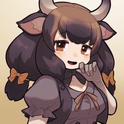Rule 34 | 1girl, an-chan (ananna0315), animal ears, banteng (kemono friends), black bow, black bowtie, black hair, blush, bow, bowtie, brown eyes, brown hair, cow ears, cow girl, cow horns, elbow gloves, frilled sleeves, frills, gloves, grey gloves, hair bow, highres, horns, kemono friends, looking at viewer, multicolored hair, open mouth, orange bow, puffy short sleeves, puffy sleeves, purple shirt, shirt, short sleeves, short twintails, smile, solo, twintails, upper body