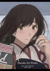 Rule 34 | 10s, 1girl, absurdres, akagi (kancolle), brown eyes, brown hair, close-up, cover, eyebrows, flight deck, fuyube gin (huyube), grey sky, hand in own hair, highres, japanese clothes, jewelry, kantai collection, letterboxed, long hair, muneate, ocean, official style, ring, sidelocks, sky, solo, wedding band, wind, wind lift