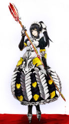 Rule 34 | black hair, blood, blue eyes, dress, elbow gloves, gauntlets, gloves, grin, hair ribbon, headdress, highres, long hair, looking at viewer, narberal gamma, overlord (maruyama), polearm, ponytail, ribbon, sidelocks, smile, solo, spear, tori (minamopa), weapon