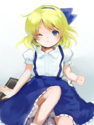 Rule 34 | 1girl, aged down, alice margatroid, alice margatroid (pc-98), blonde hair, blue eyes, blue hairband, blue ribbon, blue skirt, book, clenched hand, closed mouth, collared shirt, commentary request, foot out of frame, grey background, hair ribbon, hairband, hko, one eye closed, puffy short sleeves, puffy sleeves, ribbon, shirt, short hair, short sleeves, simple background, skirt, socks, solo, suspender skirt, suspenders, touhou, touhou (pc-98), white background, white shirt, white socks