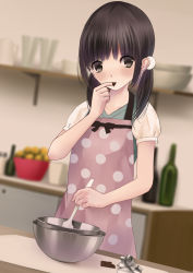 Rule 34 | 1girl, apron, bad id, bad pixiv id, black eyes, black hair, candy, chikuwa (glossymmmk), chikuwa (odennabe), chocolate, chocolate bar, cooking, dutch angle, food, indoors, ladle, long hair, looking at viewer, mixing bowl, original, polka dot, solo, spatula, standing, tasting, twintails, wrapper